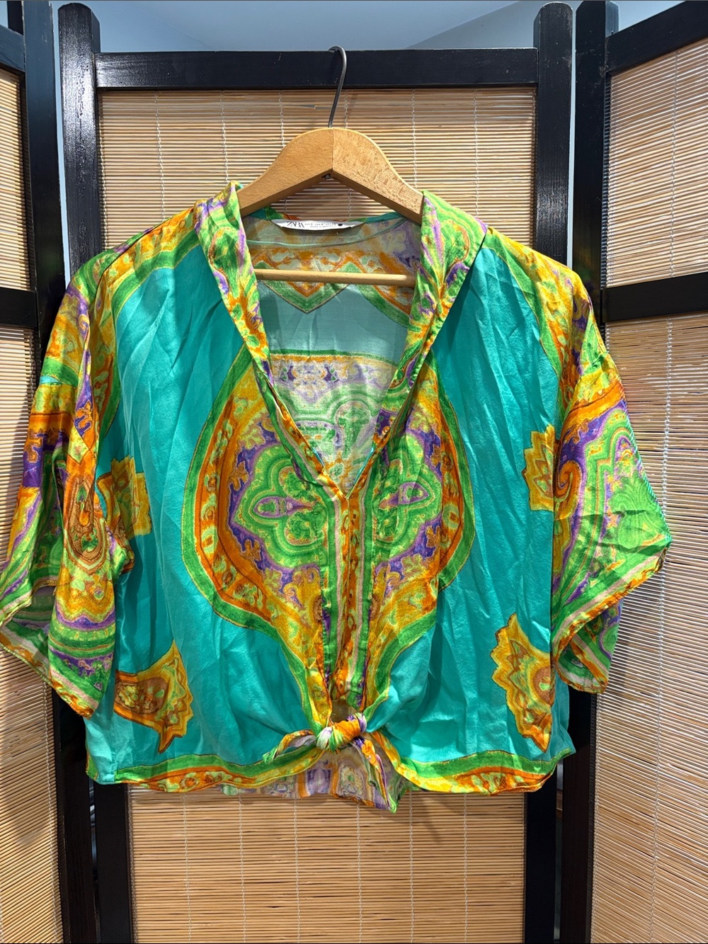 Zara Turquoise Yellow Green Printed Tie-Front Blouse